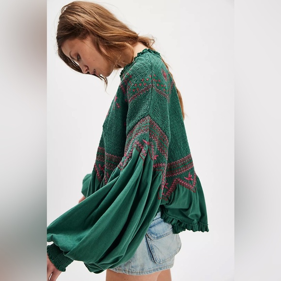 NWT FREE PEOPLE Holly Long Sleeve Knit Top | Green Combo MSRP $128 Size XL - Picture 2 of 13